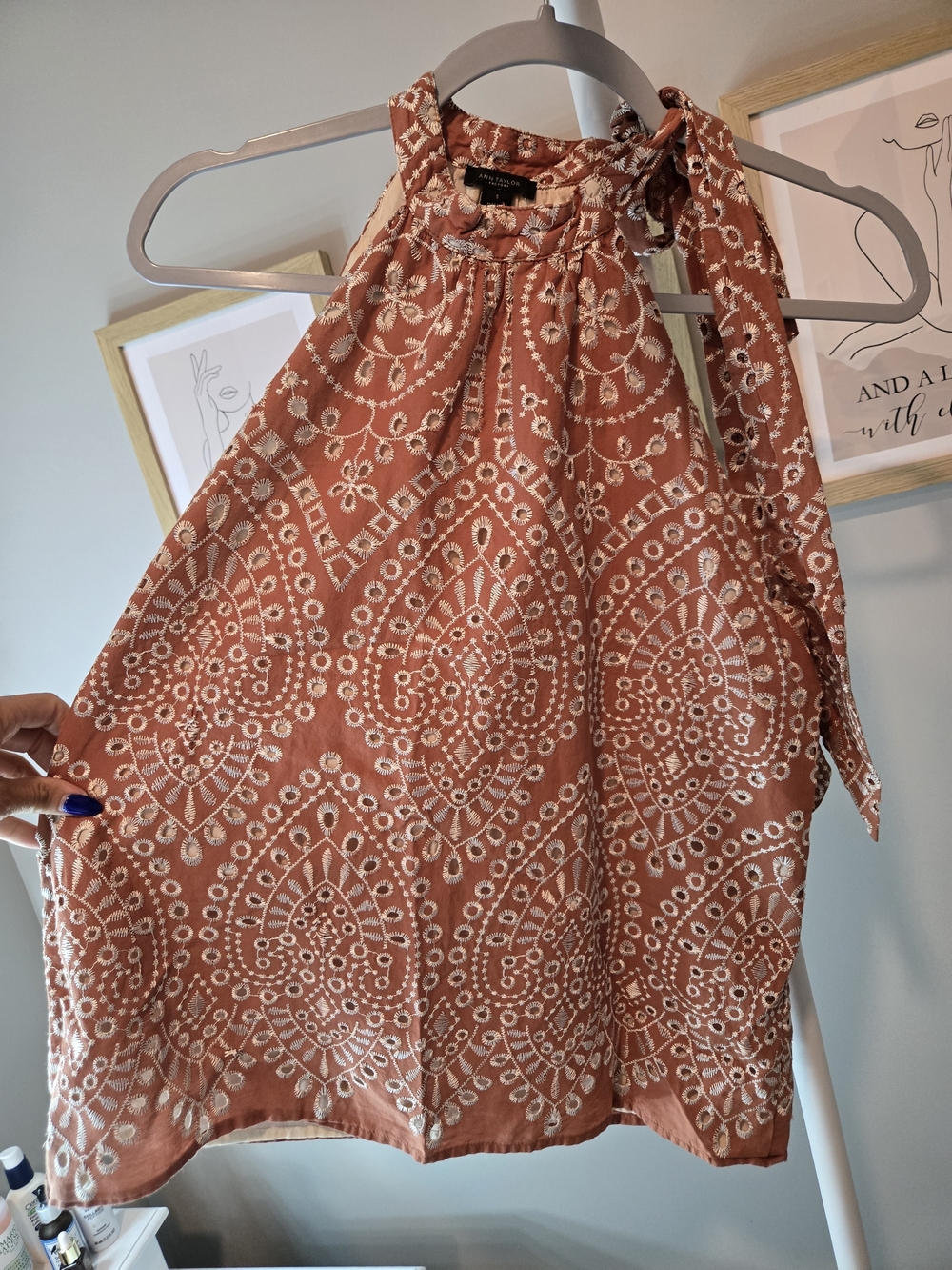Ann Taylor Rust Orange and White Embroidered Halter Top
